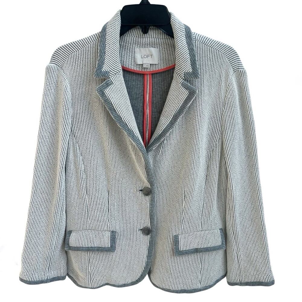 Loft Blazer White & Gray Striped Jacket Sz L Cotton Textured Two Buttons Office